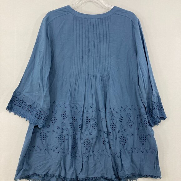 New Roaman's  size 18W Blue Embroidered Pintuck 3/4 Sleeve Boho Button Down - Picture 6 of 8